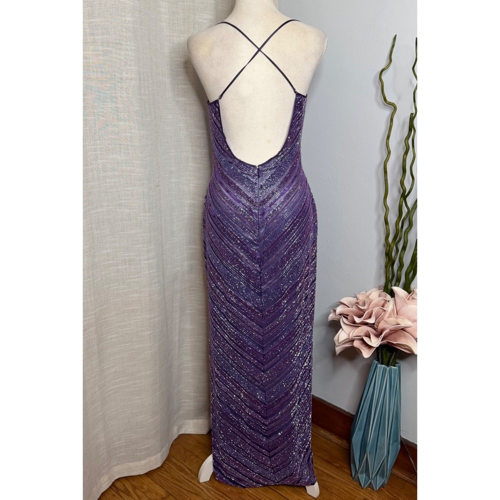 Vintage Y2K Scala Glass Beaded Silk Chevron Maxi Dress Purple Gown Womens Medium - Picture 3 of 15